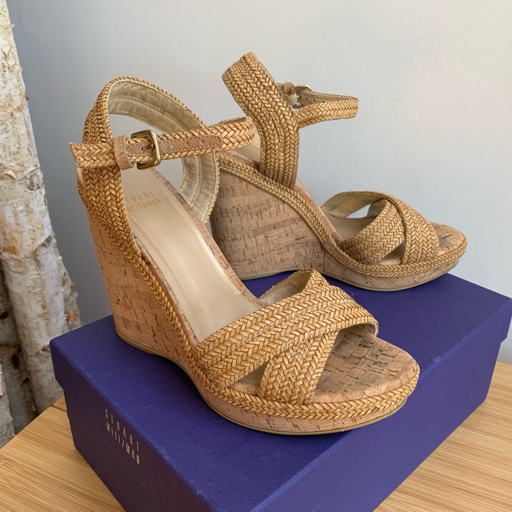 Stuart Weitzman Minx Camel Laniard Leather & Cork Platform Wedge Sandals 7.5 M